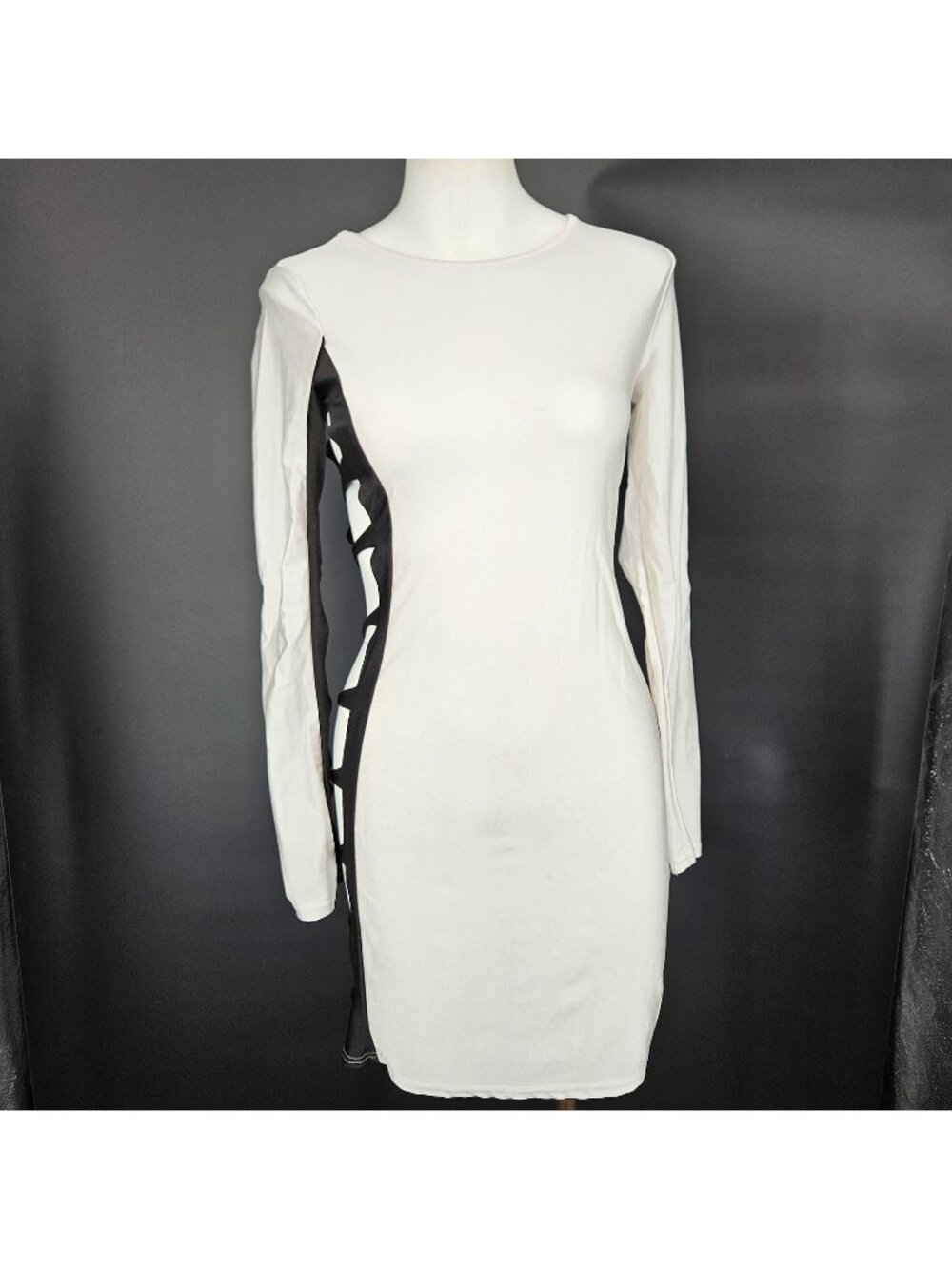Bodycon Dress Large White Blue Cut Out Color Block Long Sleeve Mini Party Club